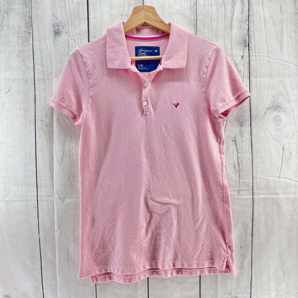 American Eagle LARGE Y2K Women's Pink Polo Barbiecore Shirt Short Sleeve Top - Picture 1 of 7